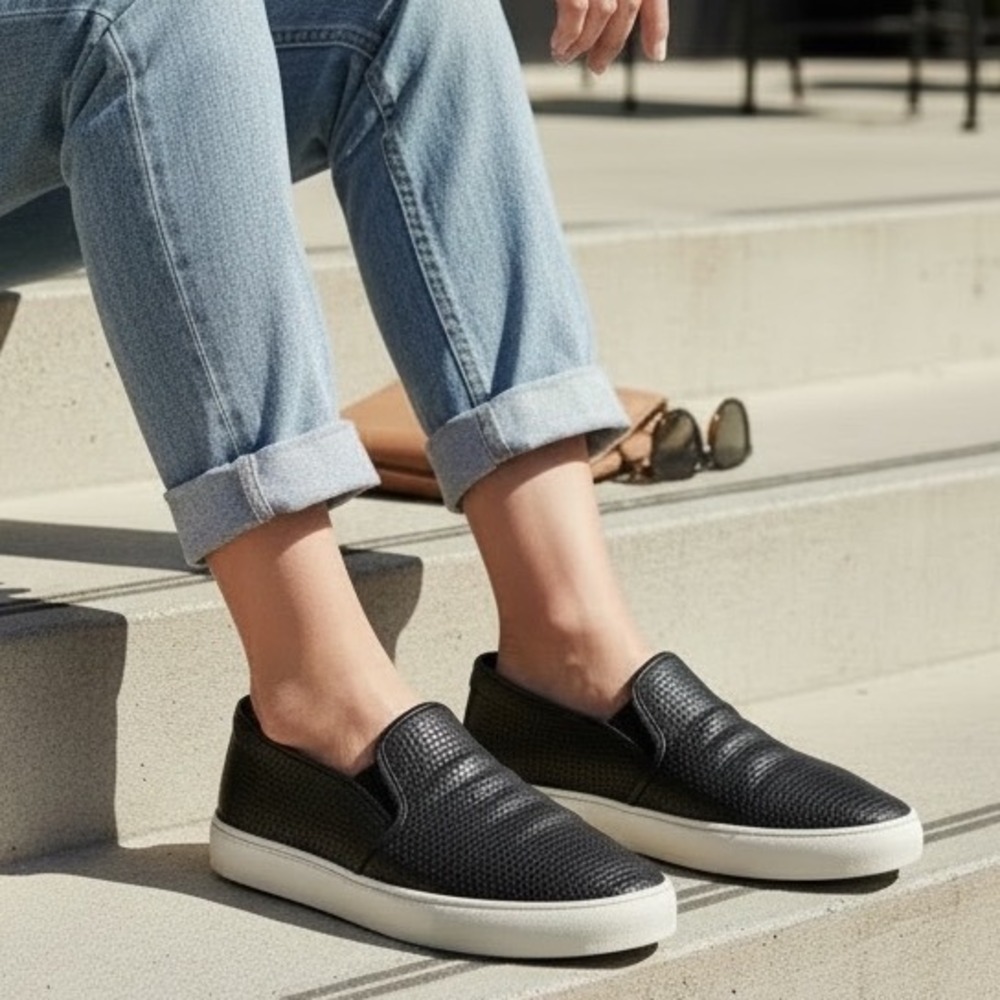 Vince Blair Black Perforated Leather Slip On Sneakers Womens 8.5 US 38.5 EU